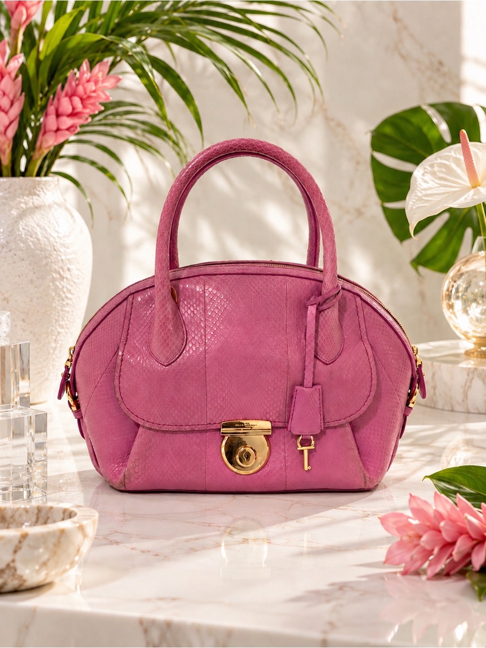 Salvatore Ferragamo Fiamma Genuine Python Pink Satchel Bag